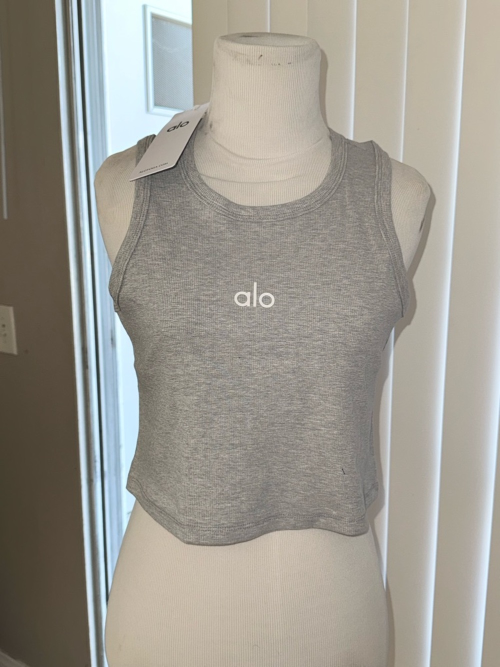 ALO Yoga Light Gray Ribbed Crop Tank with White Logo